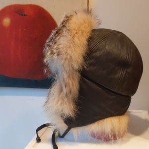 Cabela's Leather Fur Burning Man Hat Aviator Bombe